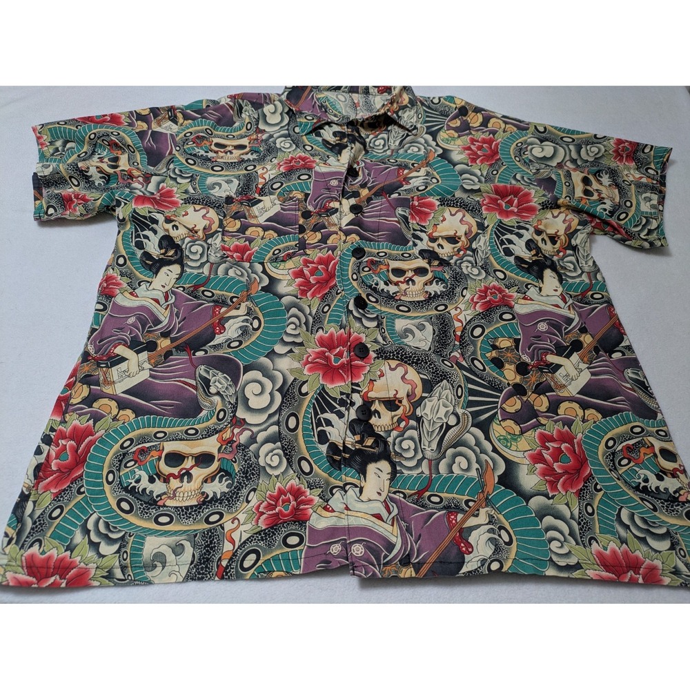 Button Down Shirt Mens 2x XXL Skulls Geisha Rockabilly‎ Hawaiian Serpent Snake